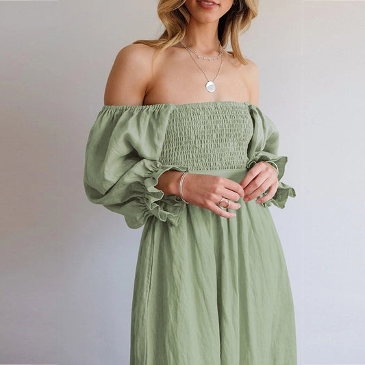 Urban Chic Lantern Sleeve Square Collar Green Variant Dress