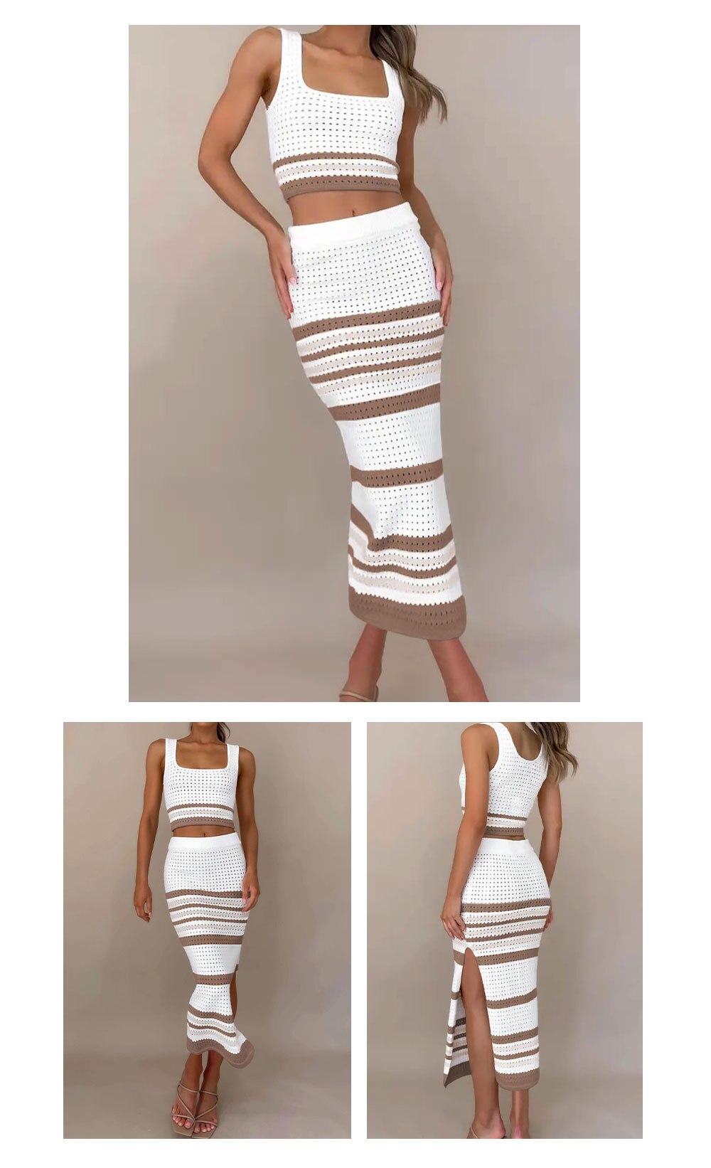 New Square Neck Stripe Hollow out Set Short Tank Top Split Long Dress Women