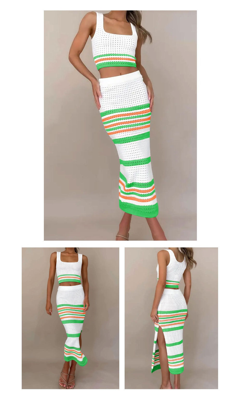 New Square Neck Stripe Hollow out Set Short Tank Top Split Long Dress Women