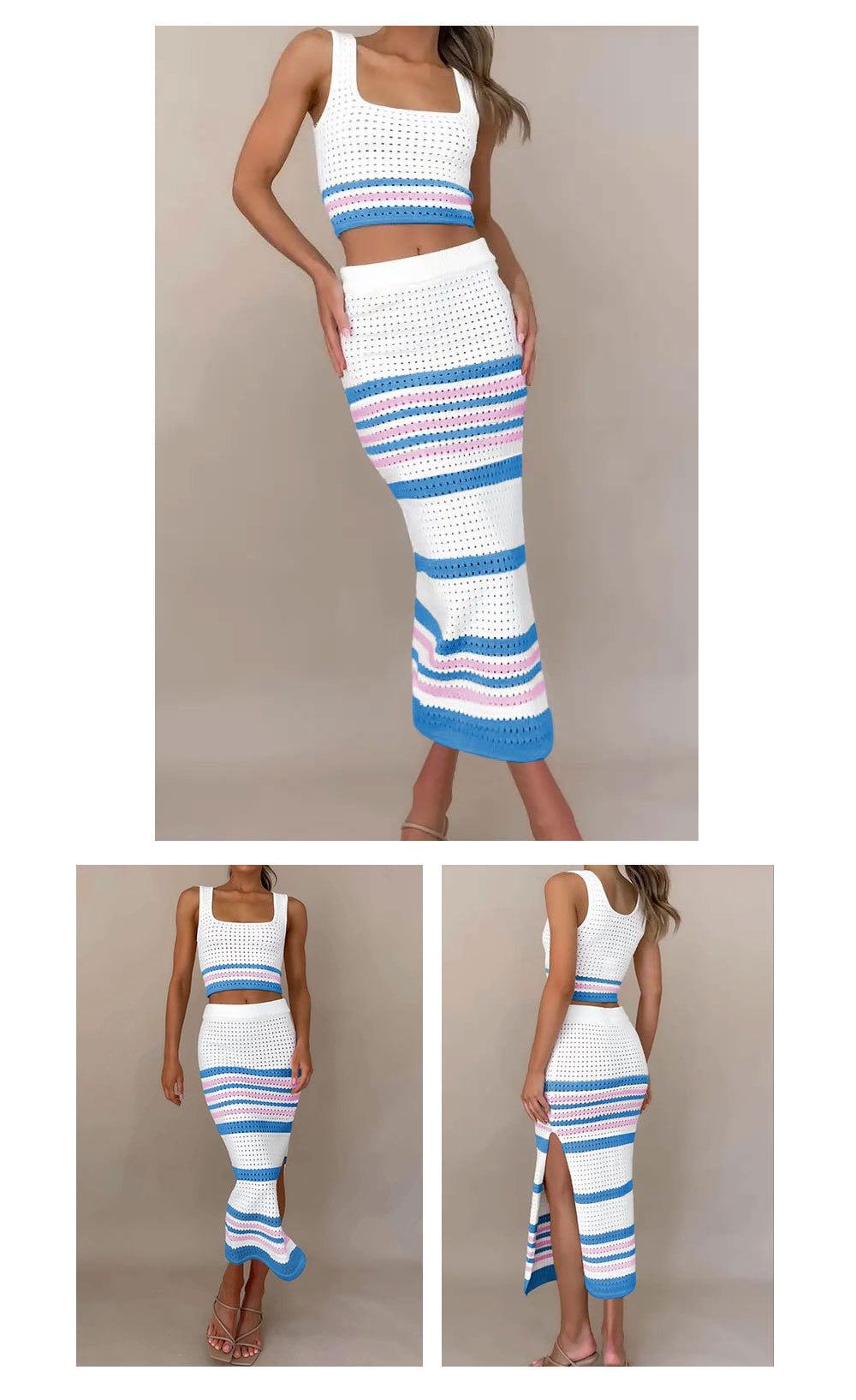 New Square Neck Stripe Hollow out Set Short Tank Top Split Long Dress Women