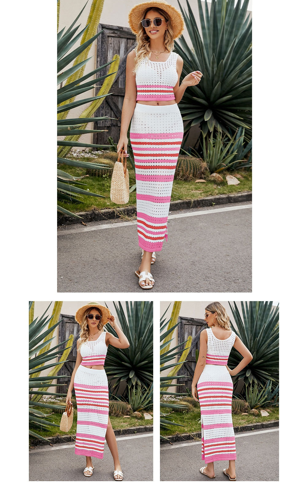 New Square Neck Stripe Hollow out Set Short Tank Top Split Long Dress Women