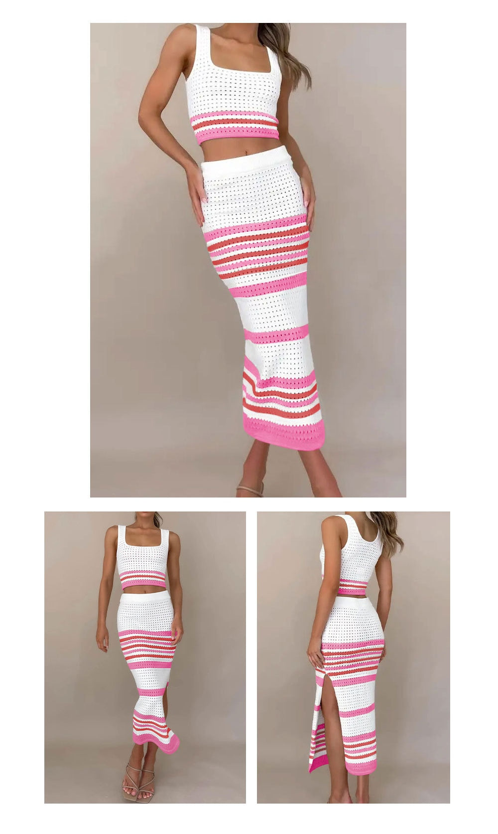 New Square Neck Stripe Hollow out Set Short Tank Top Split Long Dress Women